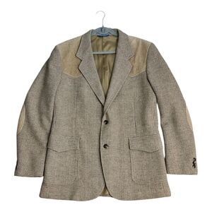 Pendleton Beige Houndstooth Blazer With Leather Accents Elbows Size 44L